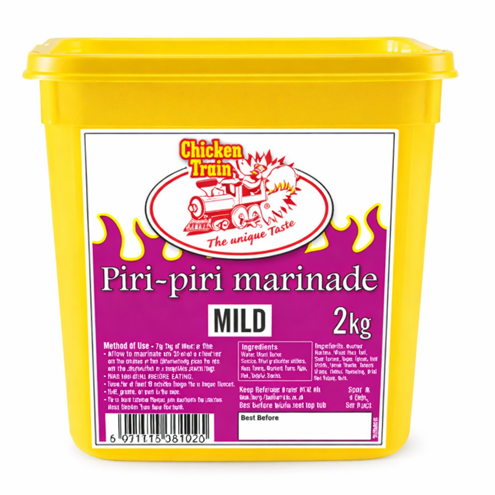 2kg yellow plastic tub of Chicken Train Piri-Piri Marinade (Mild) with a purple flame design label, Chicken Train logo featuring a chicken on a train, usage instructions, ingredients panel, barcode, and “Best Before” box on the front.