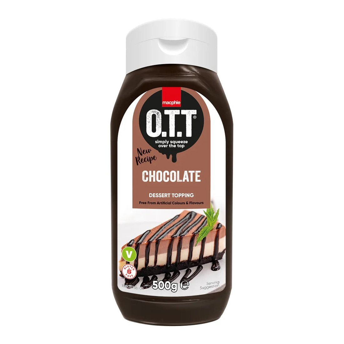 Macphie O.T.T Chocolate Dessert Topping 500g bottle – rich chocolate sauce for drizzling over desserts, free from artificial colours and flavours.