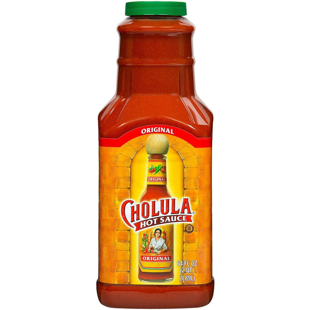 1.89L bottle of Cholula Original Hot Sauce, featuring a wooden cap and signature label, known for its balanced heat and bold, tangy flavor—ideal for enhancing a wide variety of savory dishes.