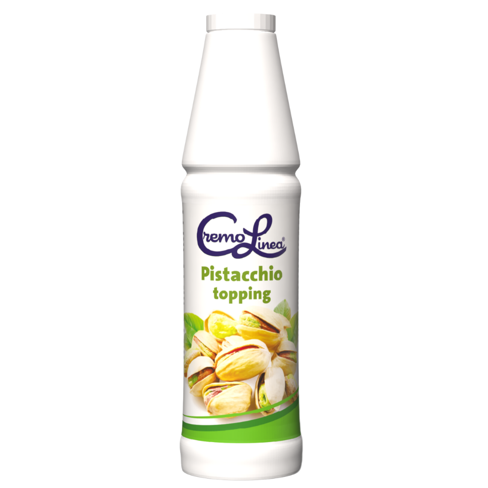 Cremolinea Pistacchio Premium Topping Sauce 800g bottle smooth pistachio dessert sauce ideal for drizzling, filling, and layering on waffles, crepes, ice cream, and cakes.