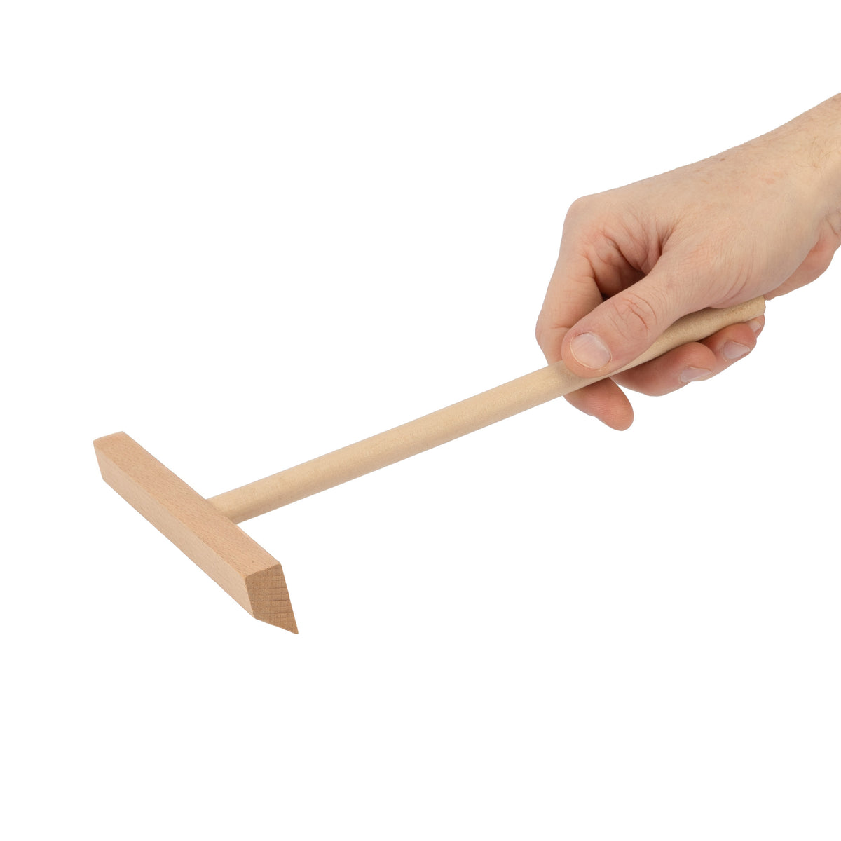 Hand holding a wooden spreader on a white background