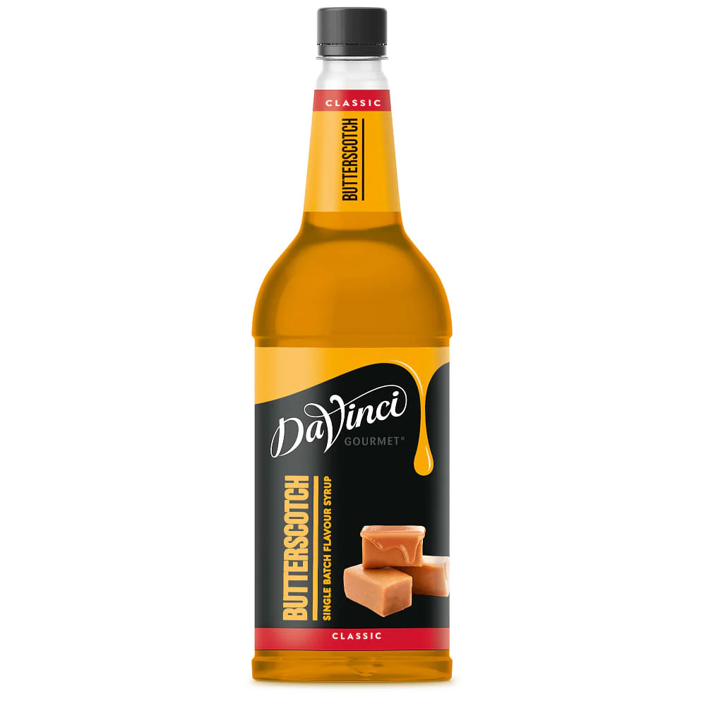 1L Butterscotch Syrup bottle for hot drinks and coffee, smooth buttery flavour, no artificial colours, case of 6