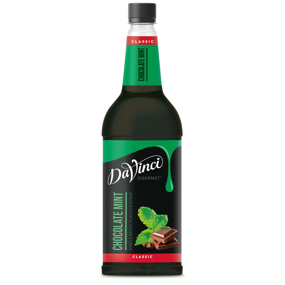 1L Chocolate Mint Syrup bottle for hot drinks and coffee, rich chocolate with cool mint flavour, no artificial colours, case of 6