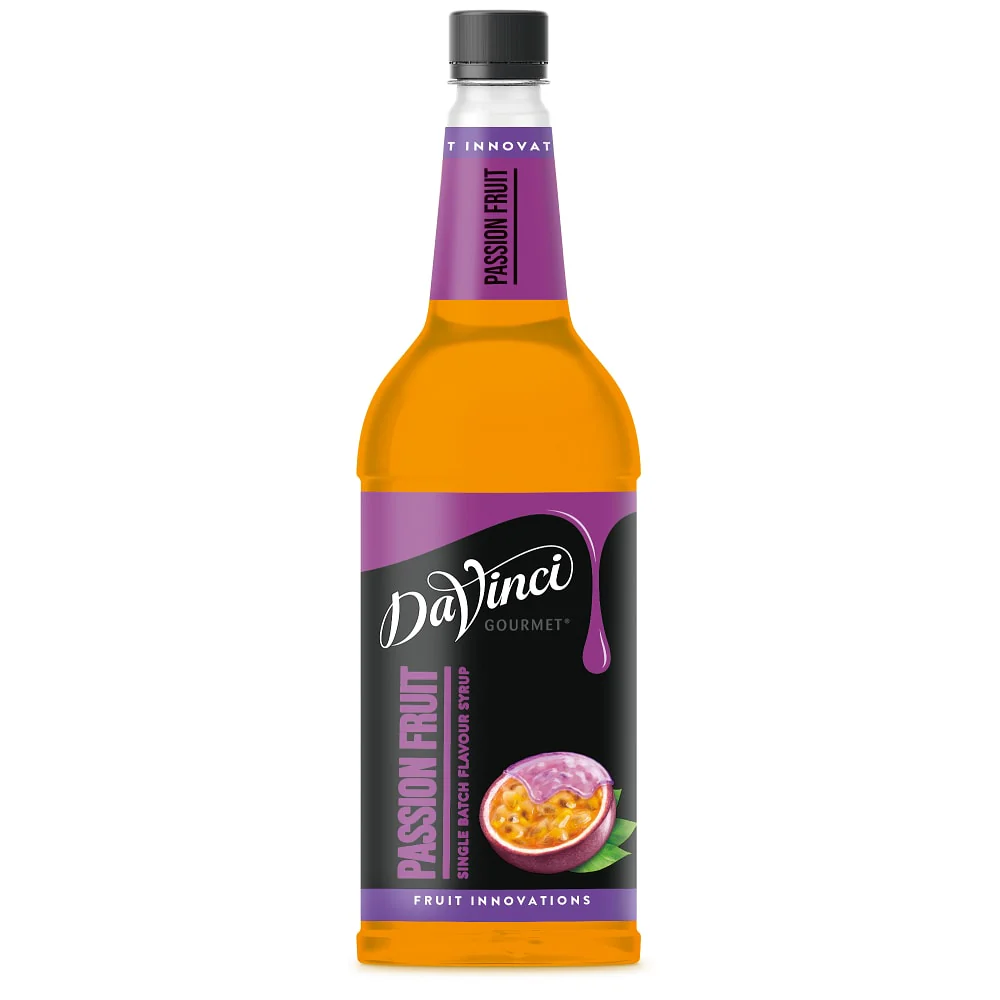 1L Passion Fruit Syrup bottle with real fruit extract, tropical flavour for cold drinks, no artificial colours, case of 6