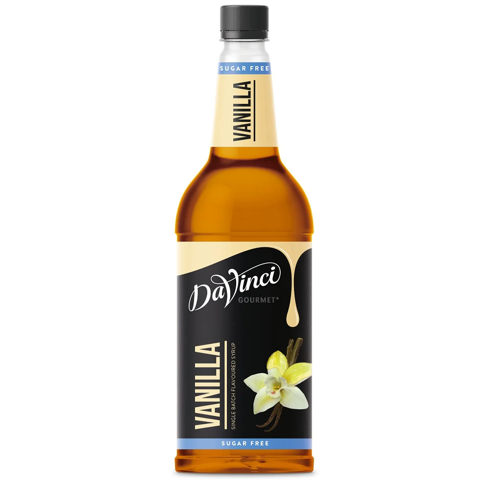 Sugar free vanilla syrup 1L bottle warm, smooth flavour, ideal for hot drinks like coffee and tea, no artificial colours or flavours, case of 6 x 1L.