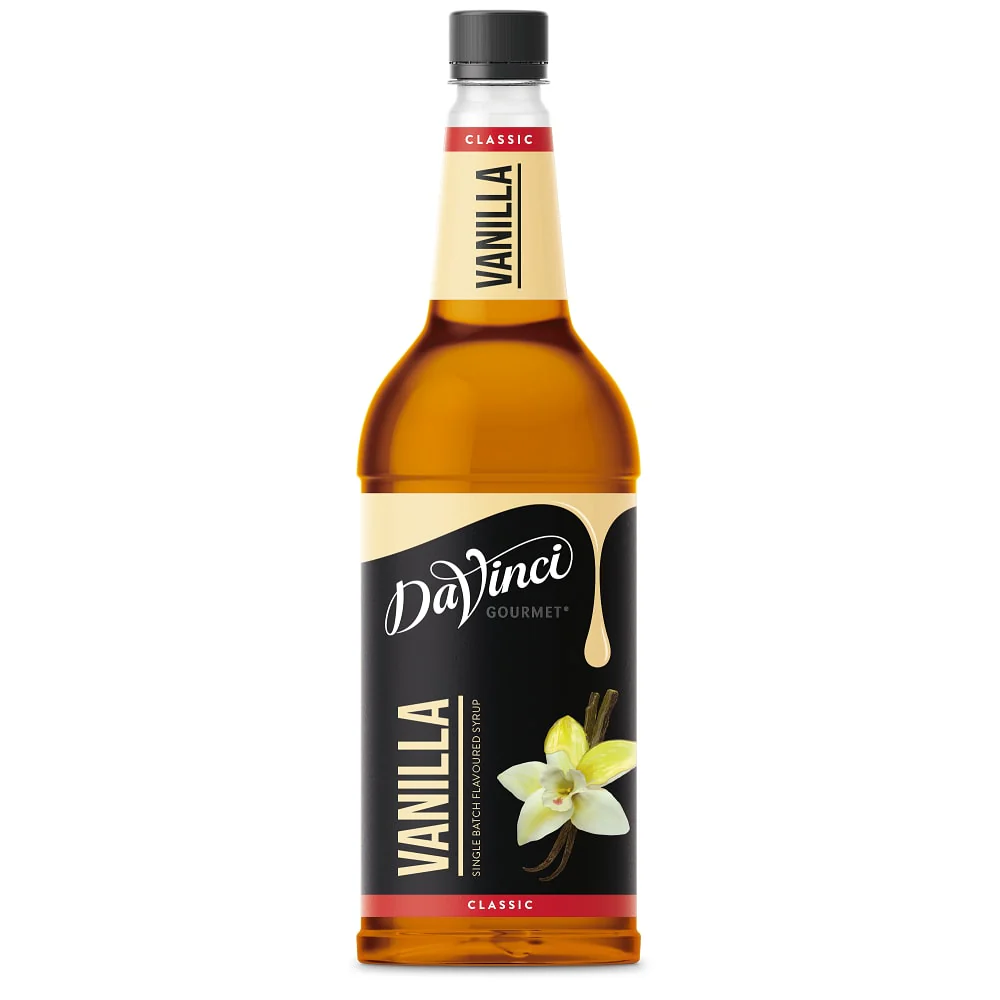 1L Vanilla Syrup bottle for hot drinks and coffee, smooth sweet flavour, no artificial colours, case of 6