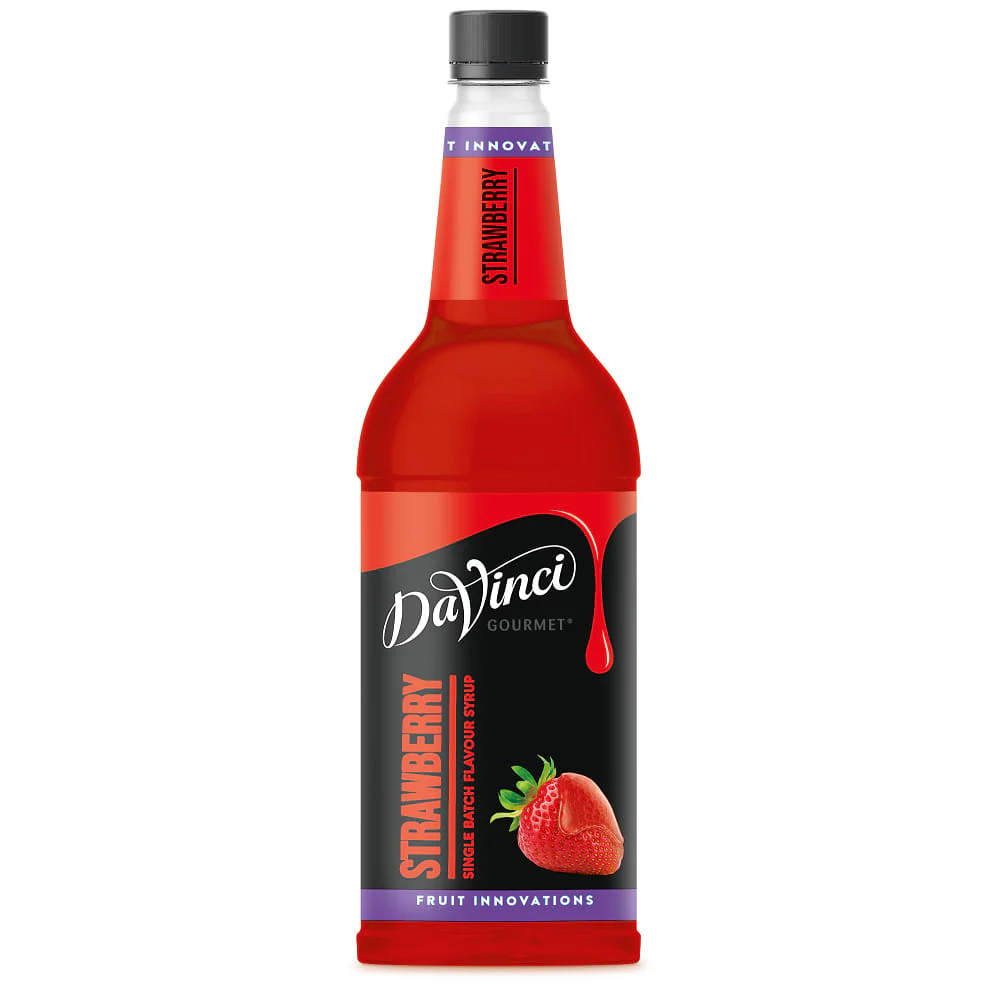 1L Strawberry Syrup bottle with real fruit extract, sweet berry flavour for cold drinks, no artificial colours, case of 6