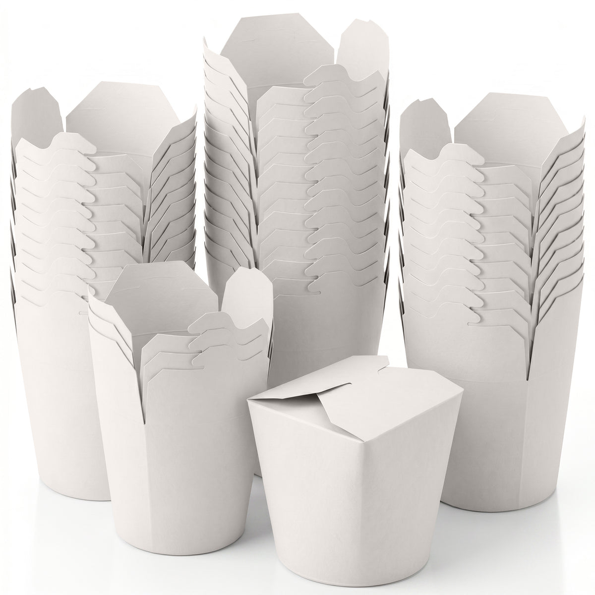 A collection of white take-out containers stacked in various sizes.