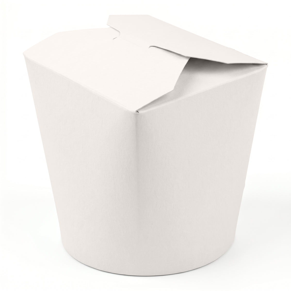 A plain white takeout box with a foldable top.
