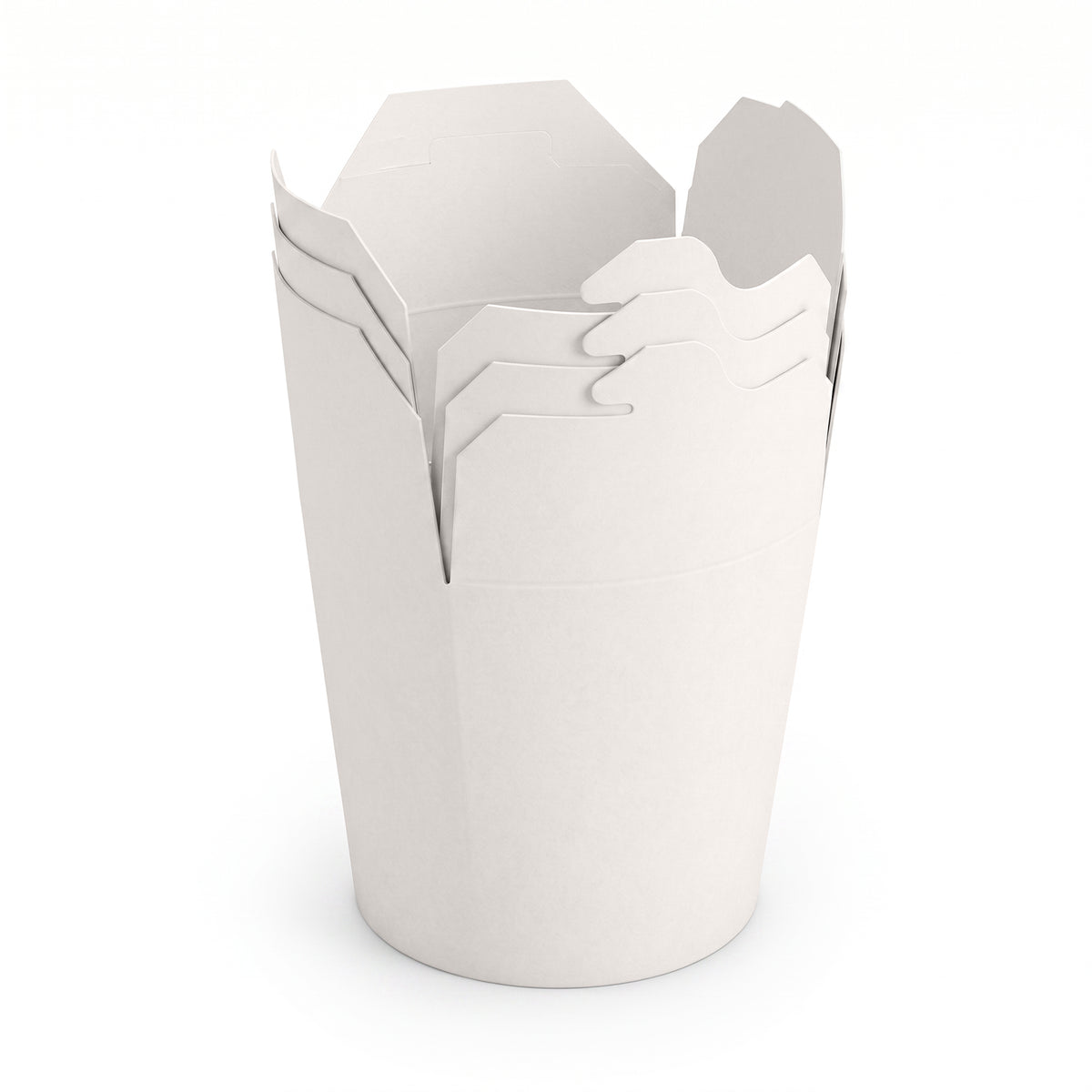 A white paper takeout container with an open top and flared edges.