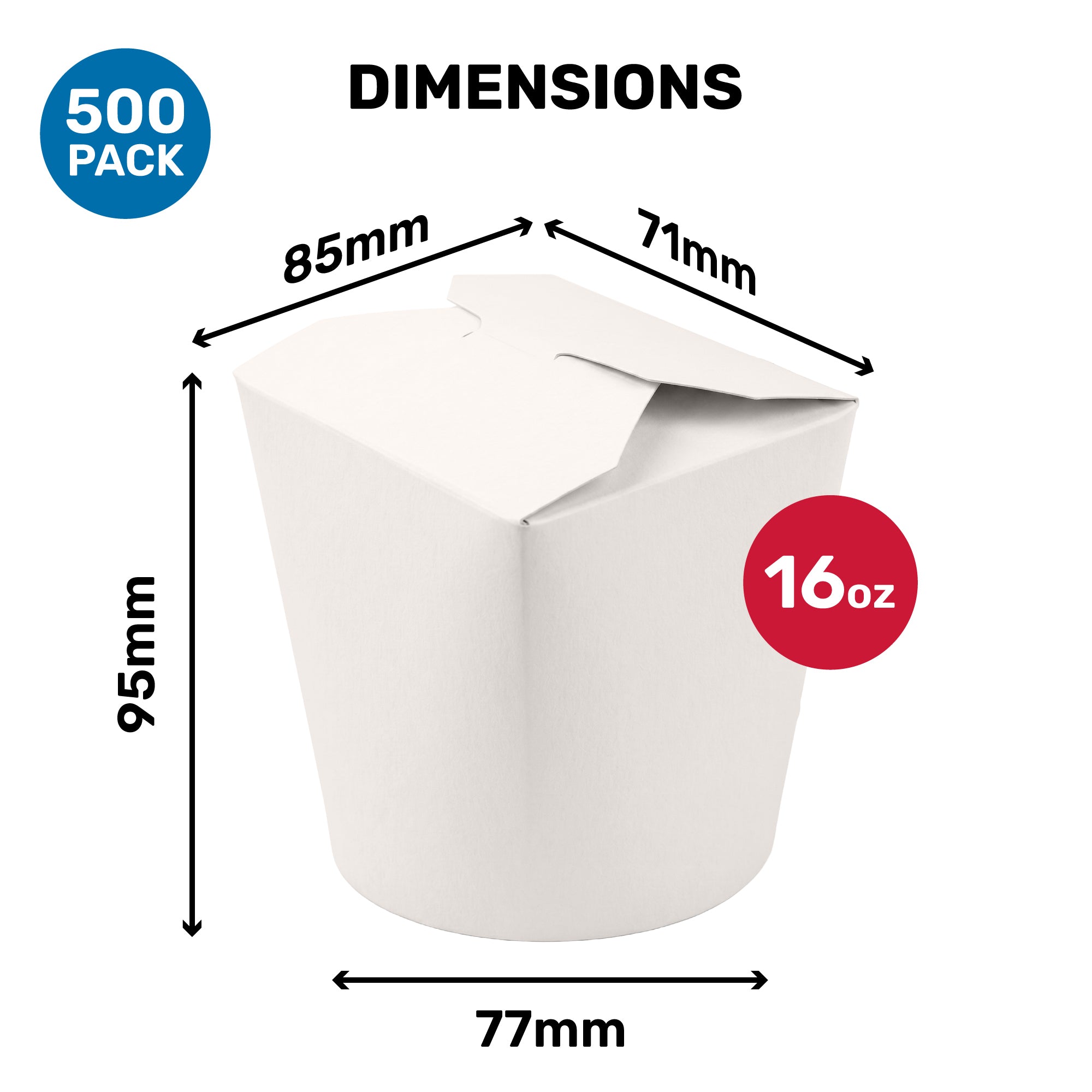 A takeout container with dimensions labeled: 95mm height, 77mm base width, and 85 by 71mm top width & length, indicating a capacity of 16 ounces.