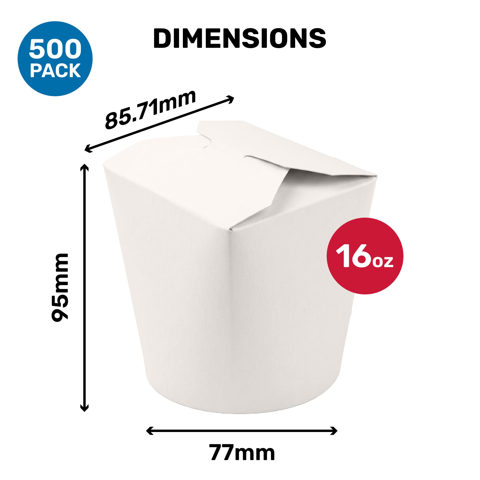 A takeout container with dimensions labeled: 95mm height, 77mm base width, and 85.71mm top width, indicating a capacity of 16 ounces.