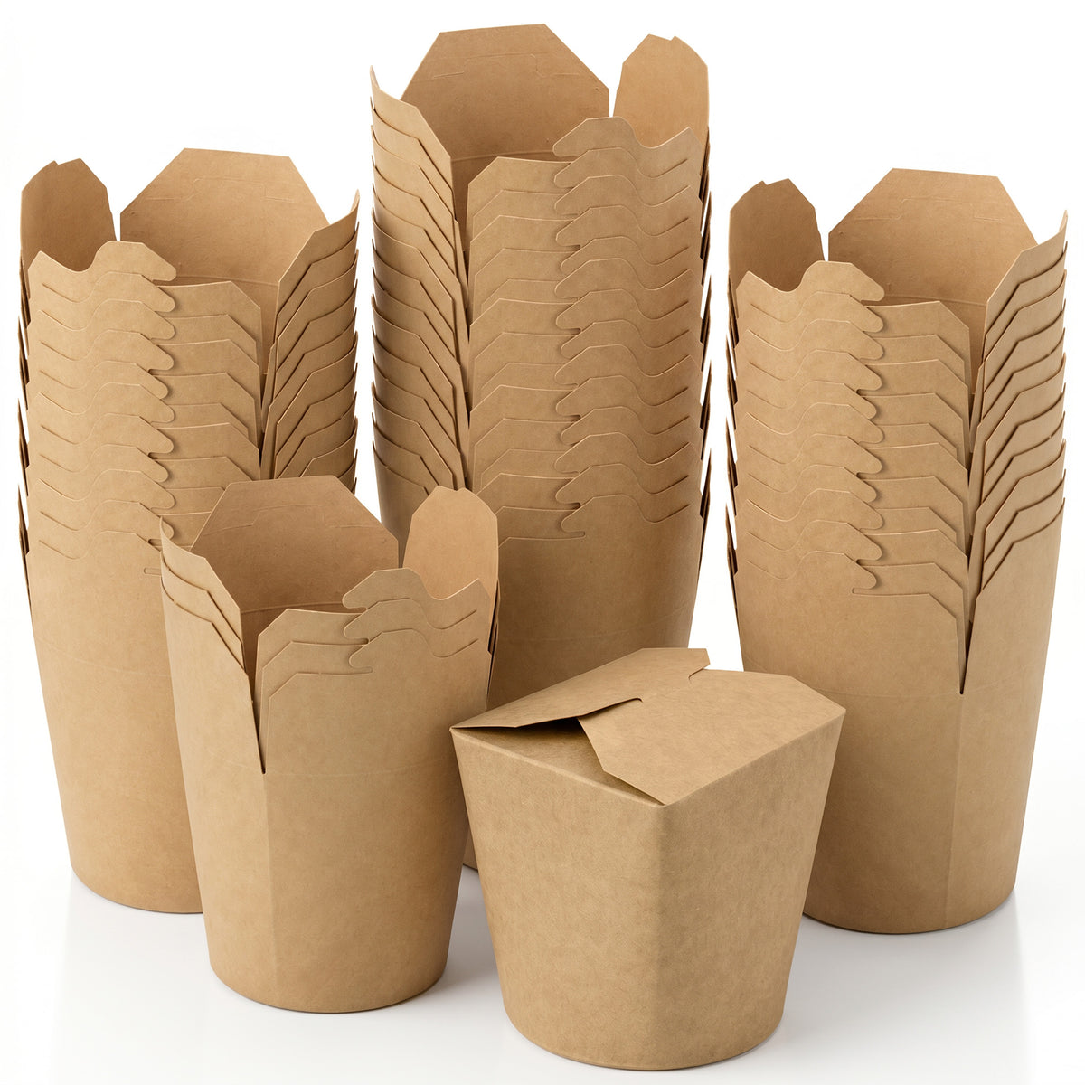 Stacks of brown, folded, octagonal paper containers on a white background. A single assembled container is in the foreground, emphasizing eco-friendly packaging.