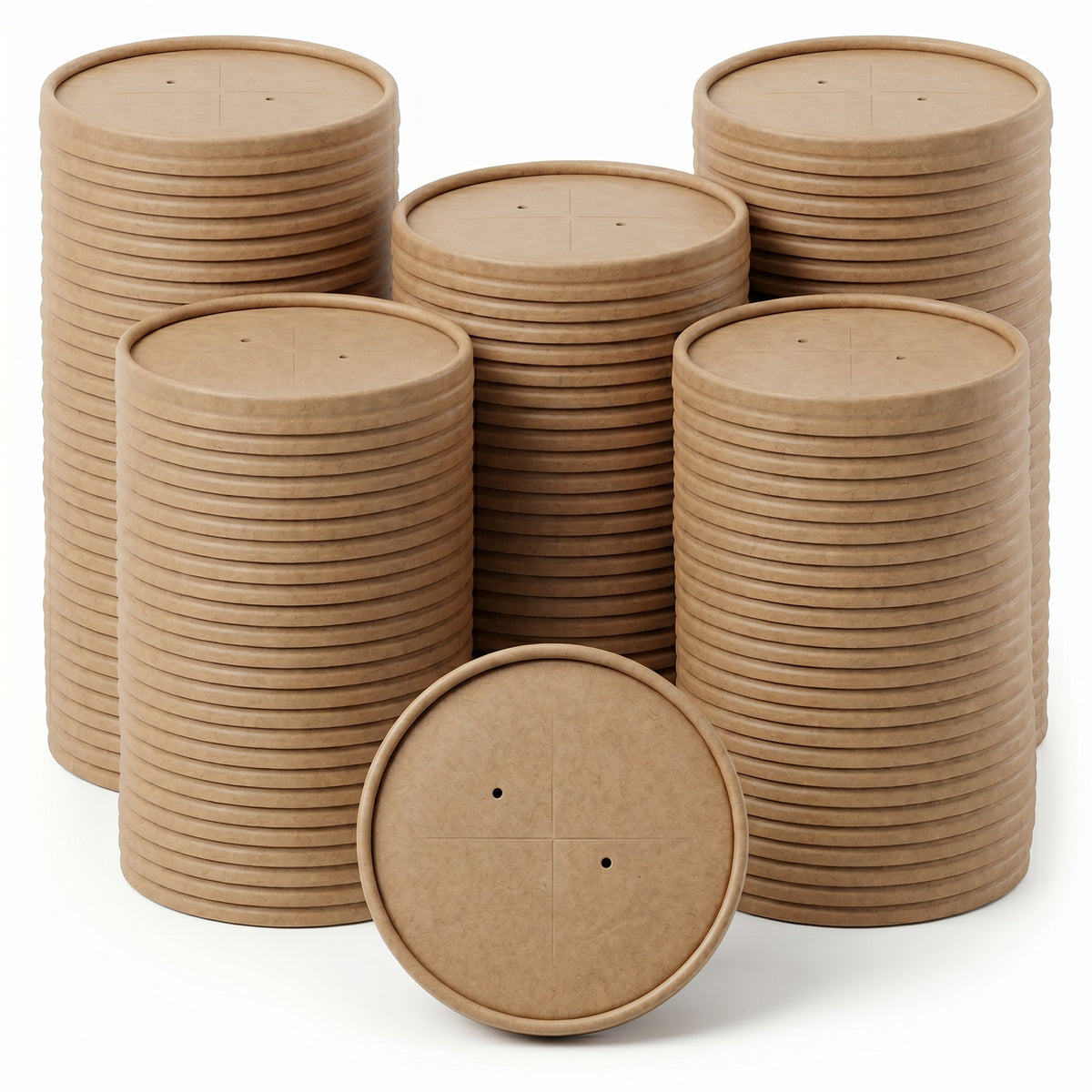 Stacks of brown, circular paper lids are neatly arranged in rows. One lid is tilted forward, showing its smooth texture and small holes.