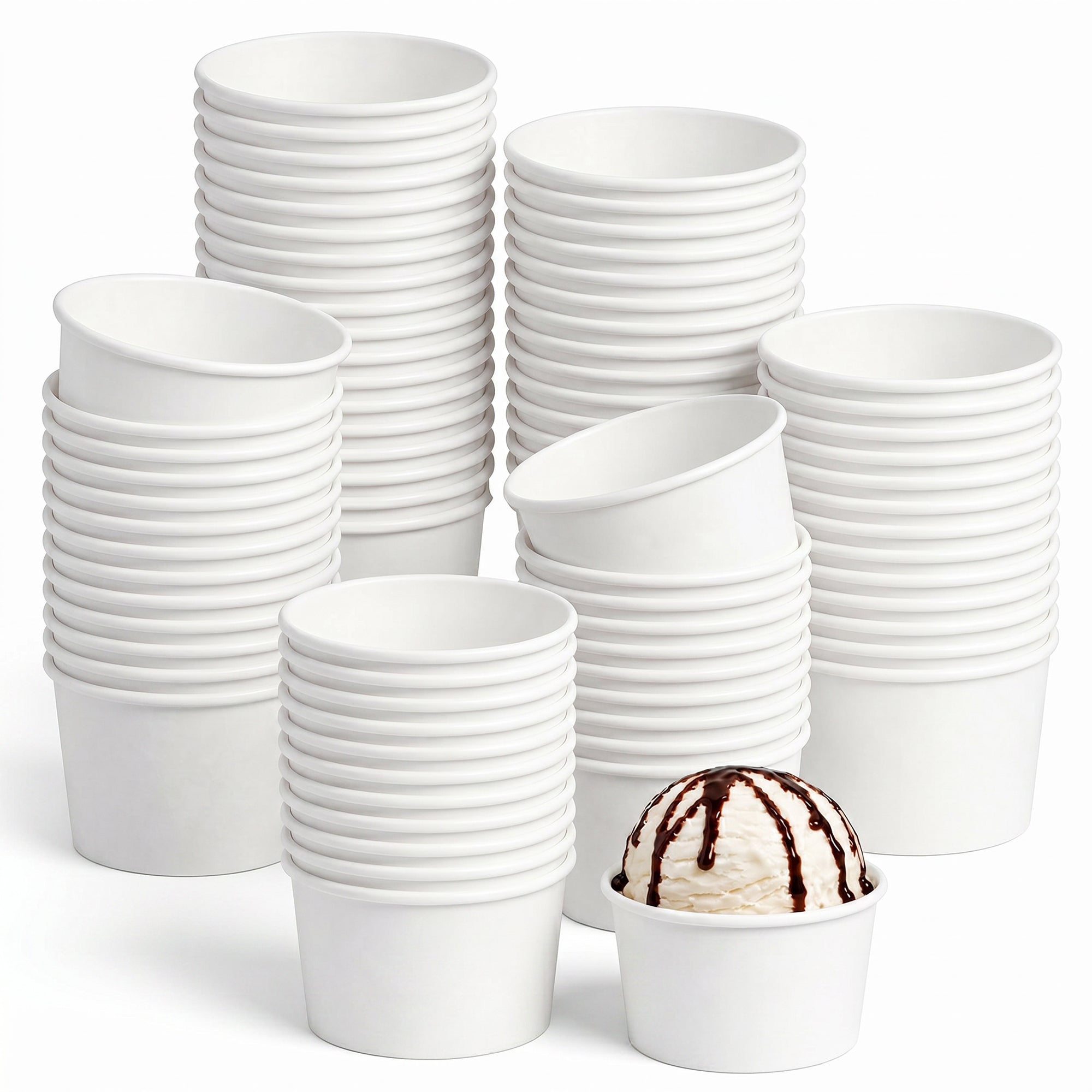 A stack of white paper cups surrounds a single cup filled with vanilla ice cream drizzled with chocolate syrup, creating a playful and inviting scene.