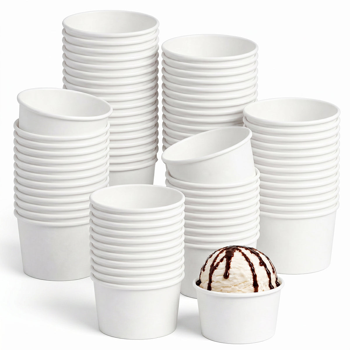 A stack of white paper cups surrounds a single cup filled with vanilla ice cream drizzled with chocolate syrup, creating a playful and inviting scene.