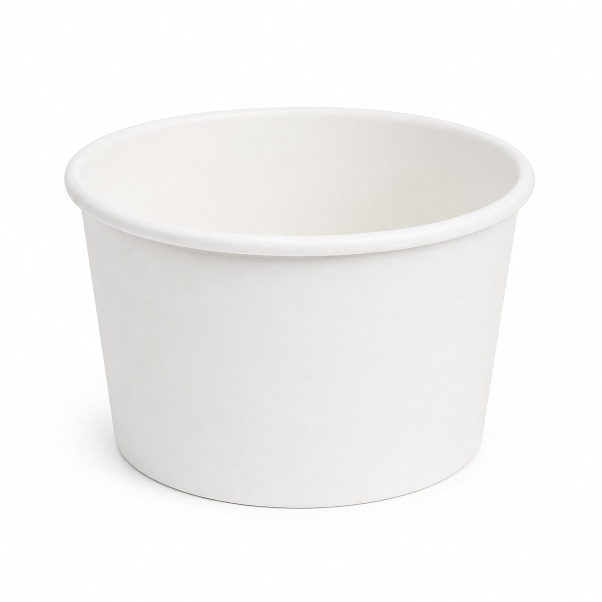 A plain white paper cup sits against a white background. The cup is round and empty, suggesting simplicity and functionality, with a minimalist tone.
