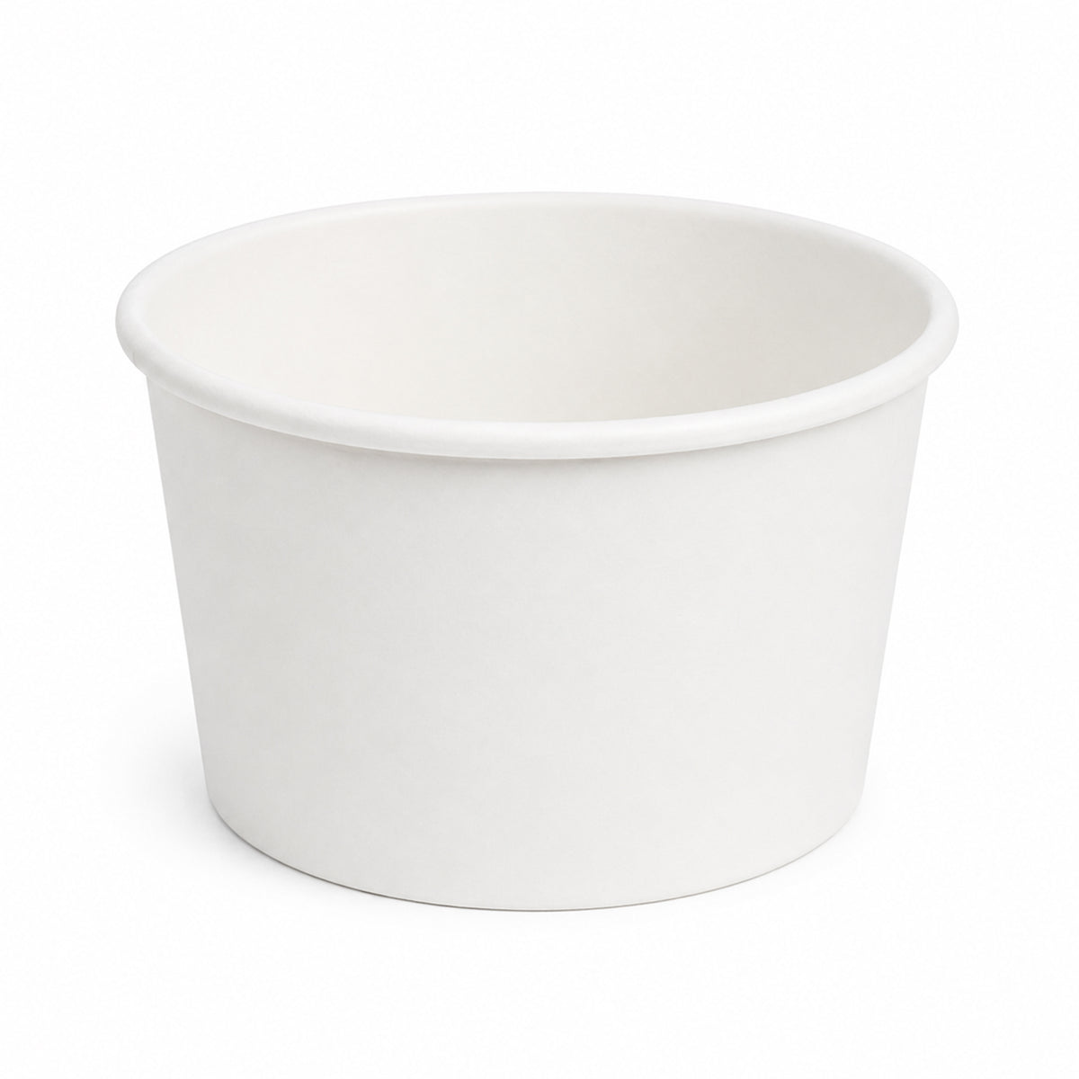 A plain white paper cup sits against a white background. The cup is round and empty, suggesting simplicity and functionality, with a minimalist tone.