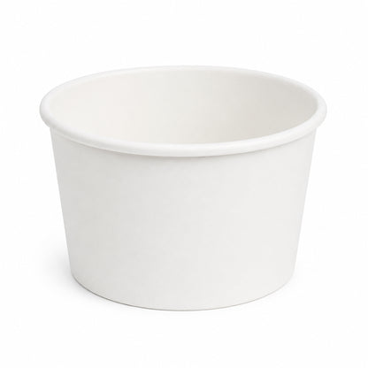 A plain white paper cup sits against a white background. The cup is round and empty, suggesting simplicity and functionality, with a minimalist tone.