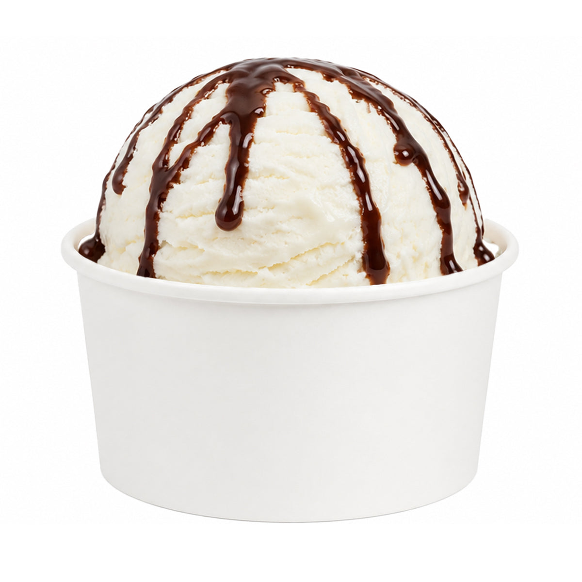 A scoop of vanilla ice cream topped with chocolate syrup, served in a plain white cup. The syrup creates a tempting, sweet contrast.