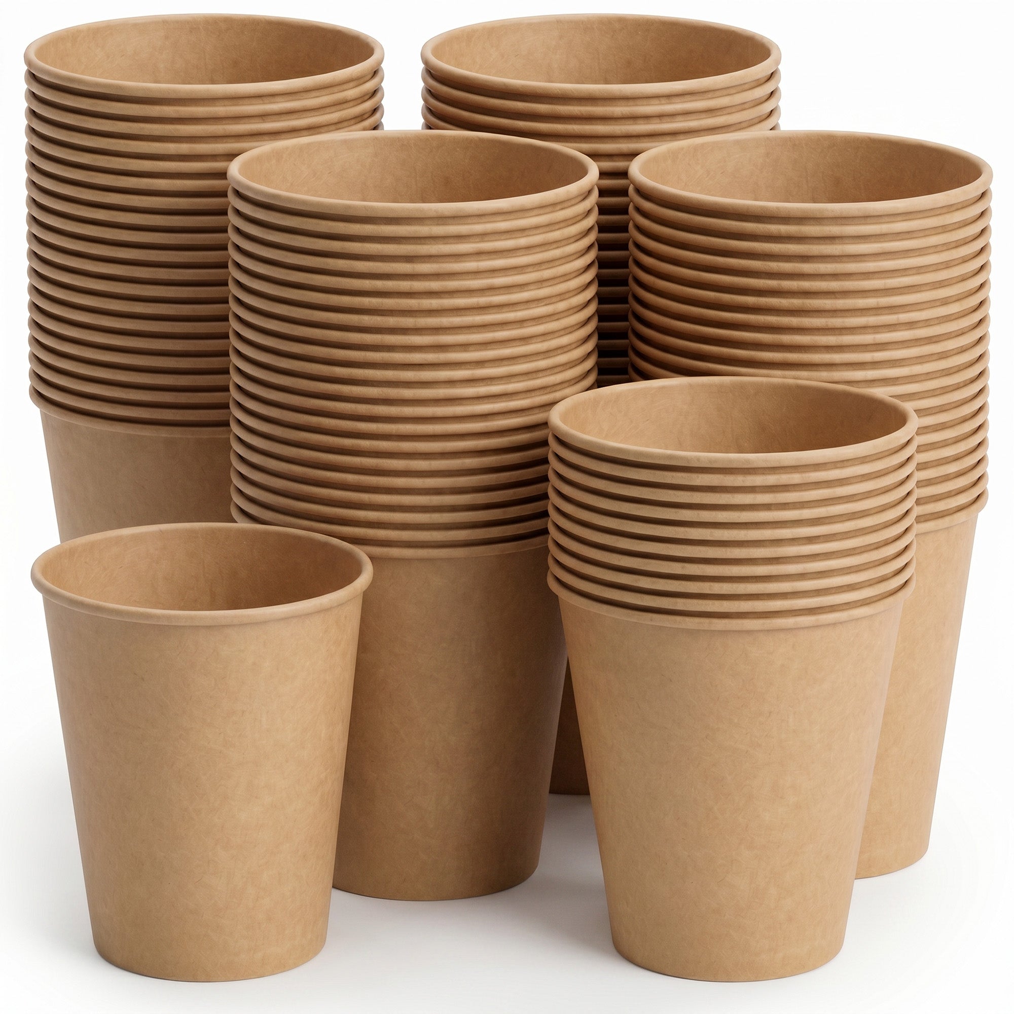 Stacks of tan paper cups neatly organized against a white background, conveying a sense of order and eco-friendliness. The cups have a smooth texture.