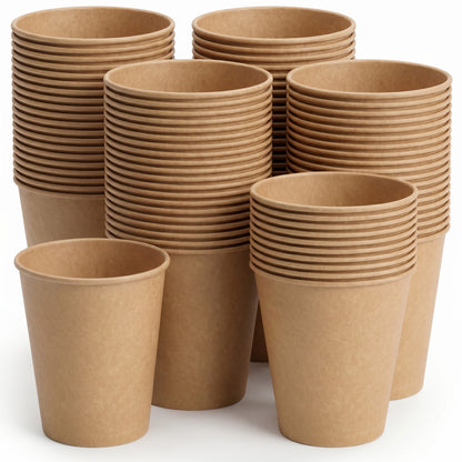 Stacks of tan paper cups neatly organized against a white background, conveying a sense of order and eco-friendliness. The cups have a smooth texture.