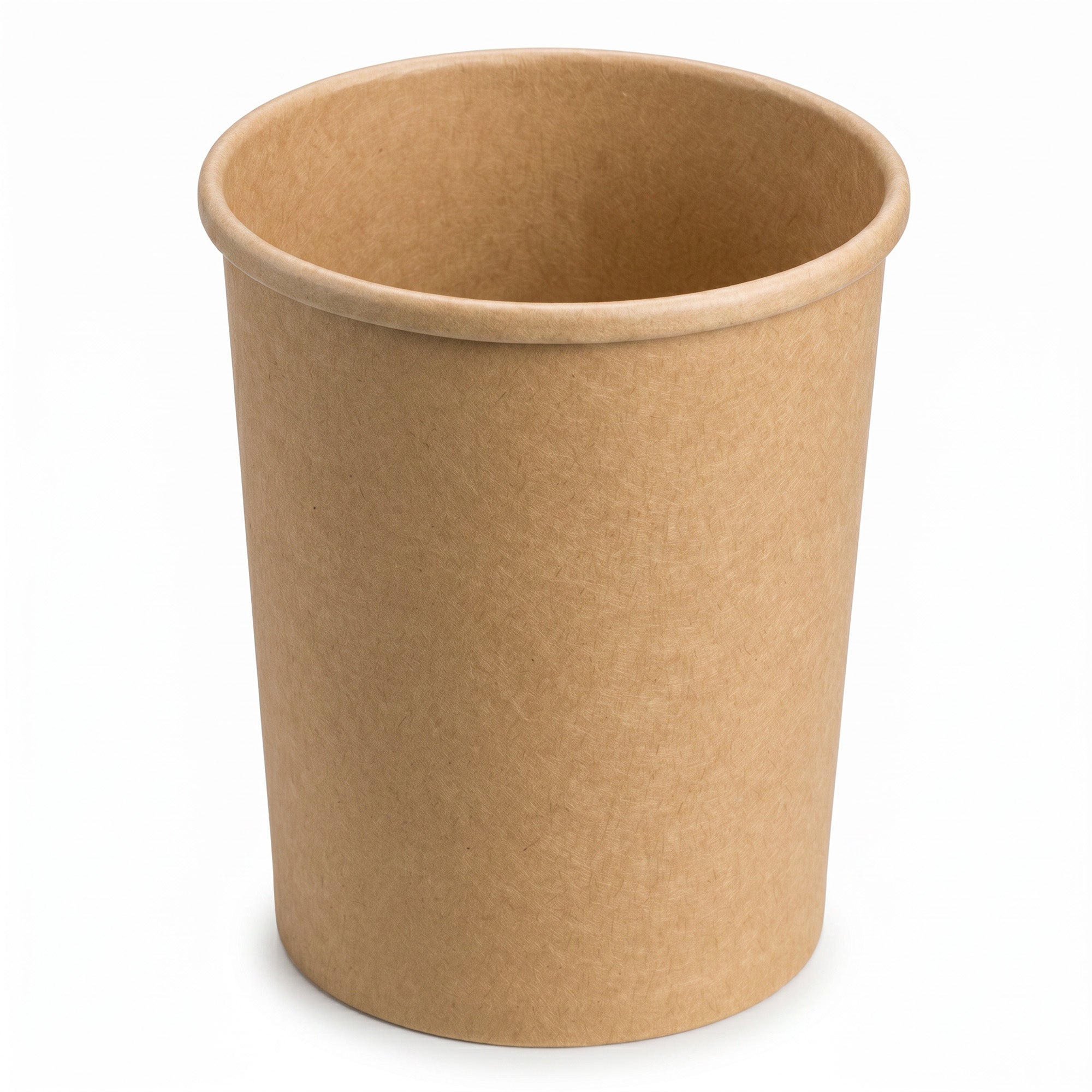 A plain, brown, eco-friendly paper cup is standing upright against a white background. The minimal design emphasizes its recyclable nature.