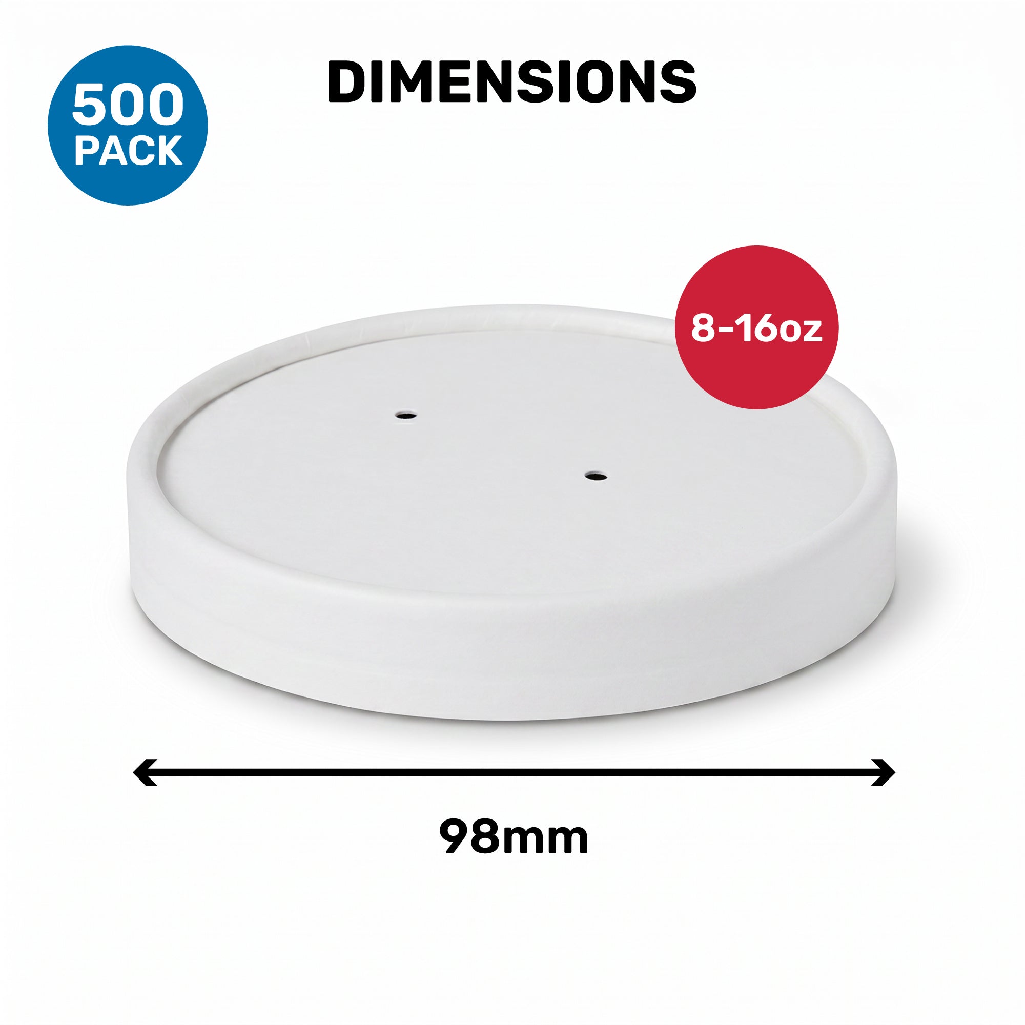A round, white container lid with two small holes, labeled with dimensions and capacity information.
