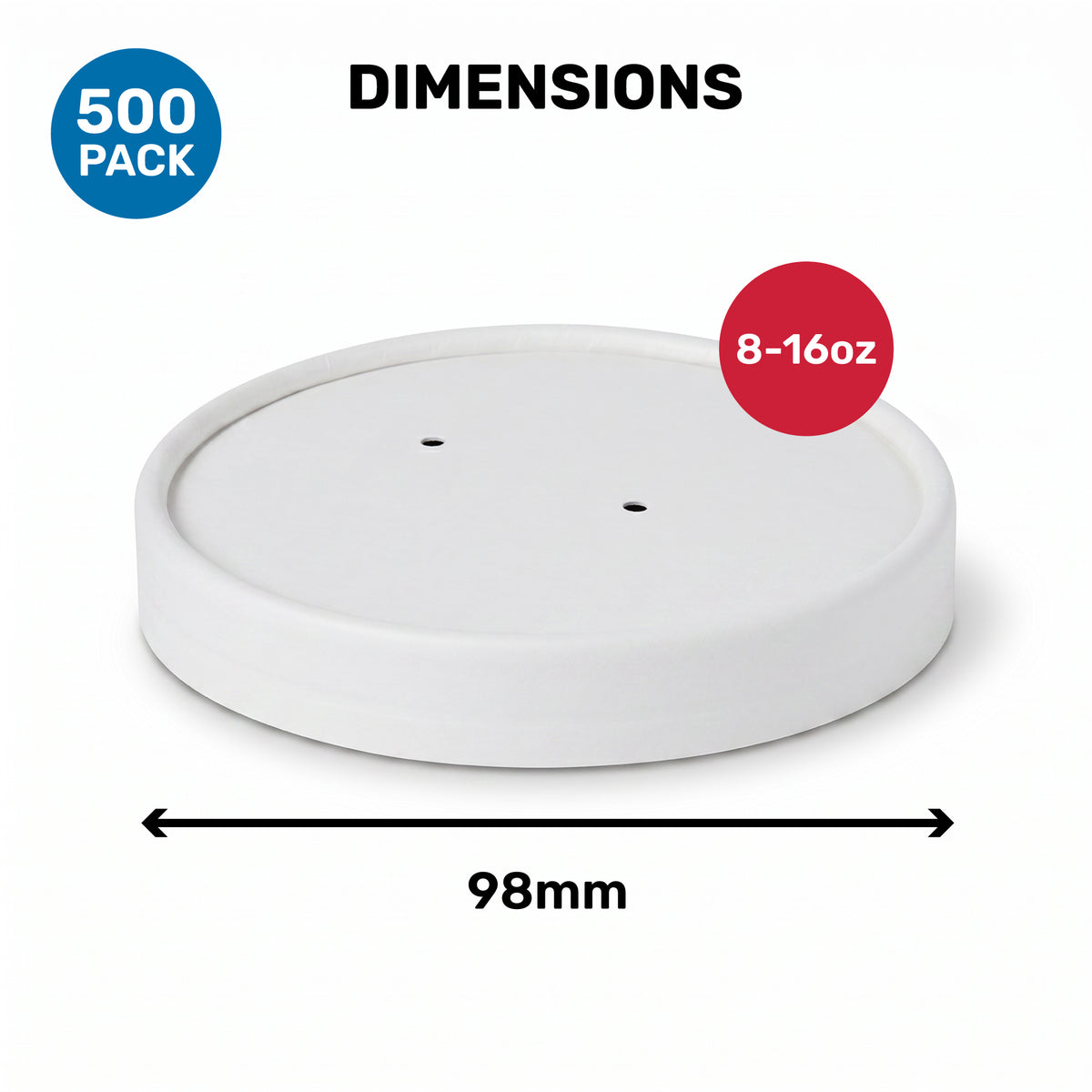 A round, white container lid with two small holes, labeled with dimensions and capacity information.