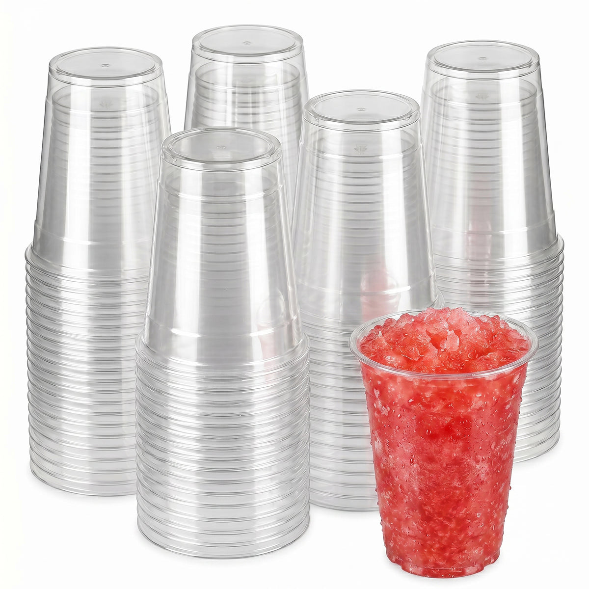 A stack of clear plastic cups is arranged in the background, with one cup filled with red crushed ice in the foreground. The scene is fresh and inviting.