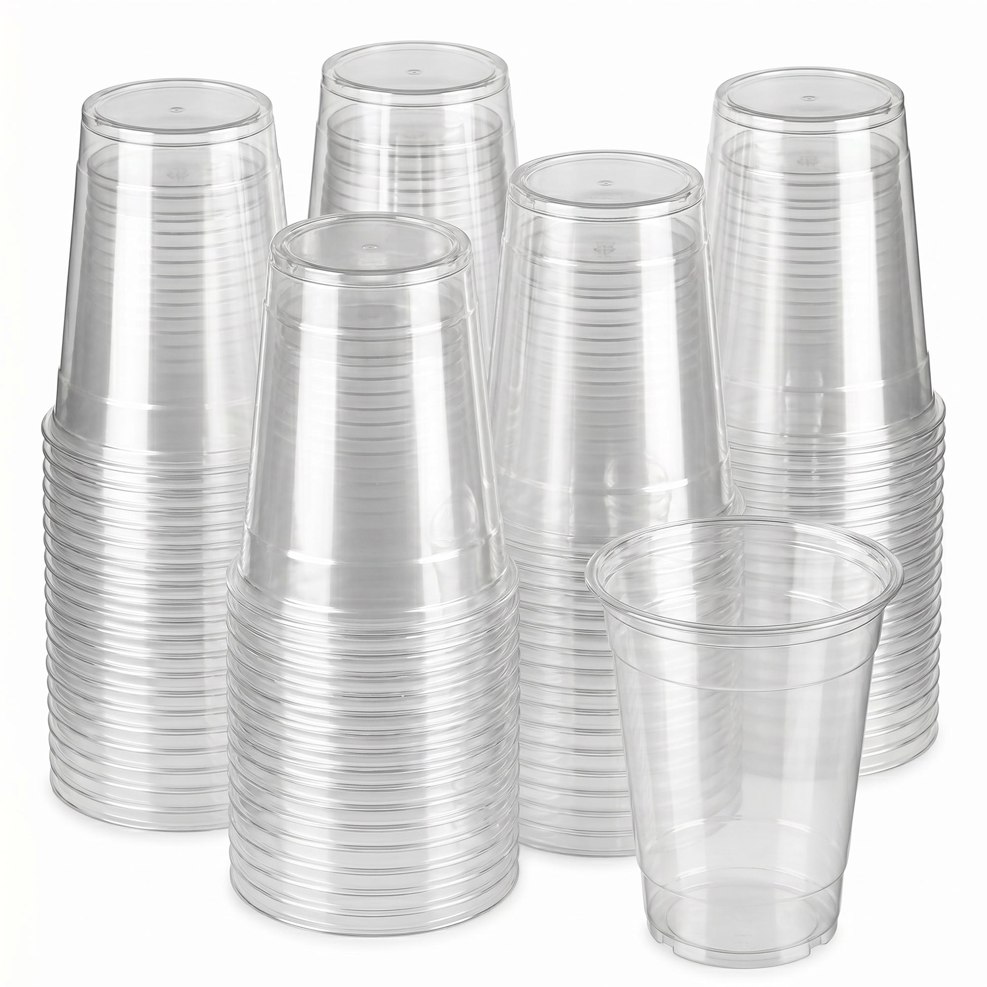 Stacks of transparent plastic cups are neatly arranged. The clear cups reflect light, creating a clean and organized presentation.