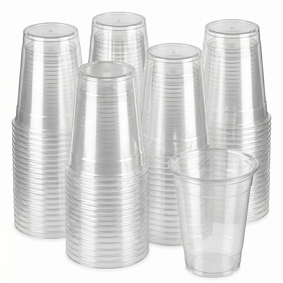 Stacks of transparent plastic cups are neatly arranged. The clear cups reflect light, creating a clean and organized presentation.