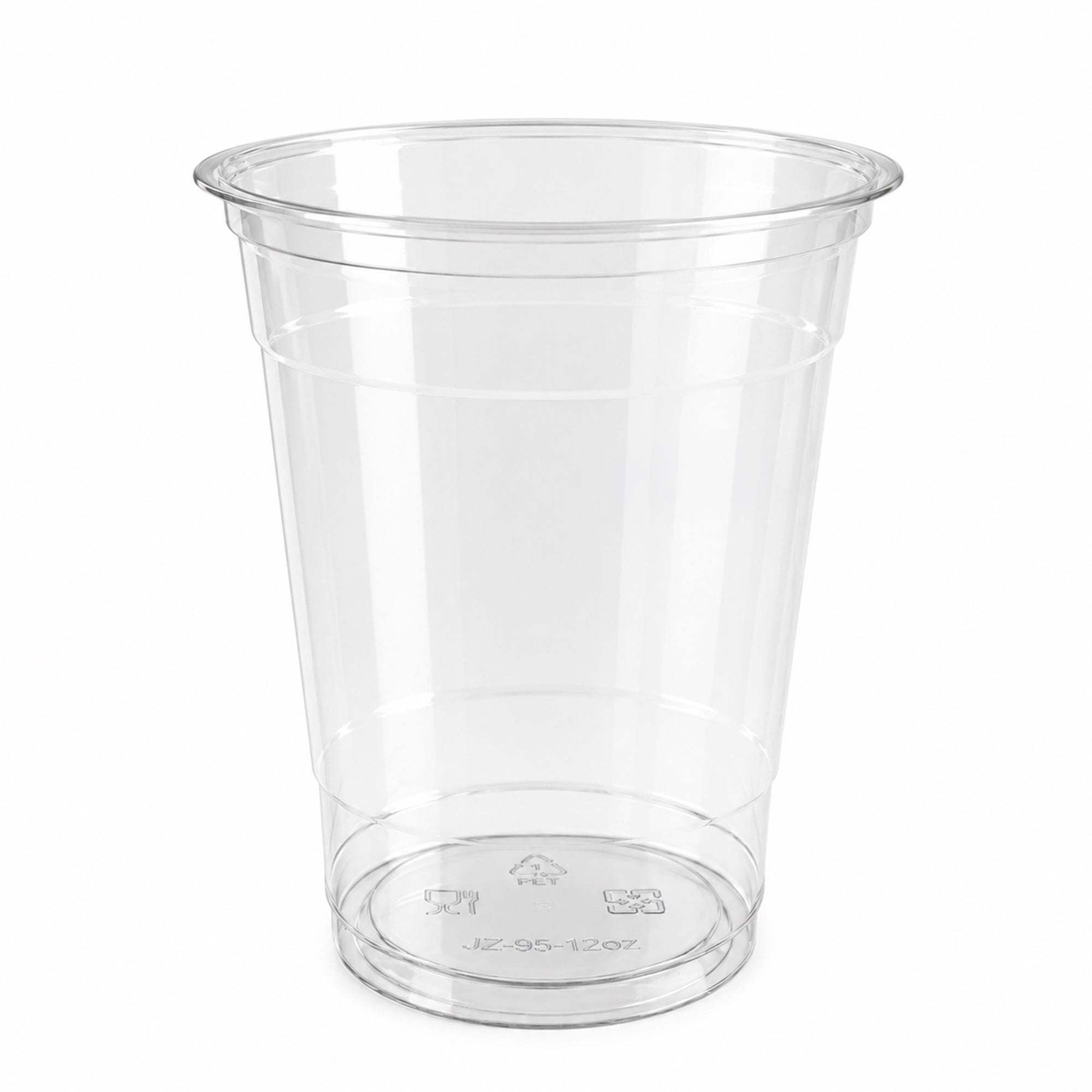 Clear plastic cup with visible recycle symbols and text on the base, set against a plain white background, suggesting simplicity and disposability.
