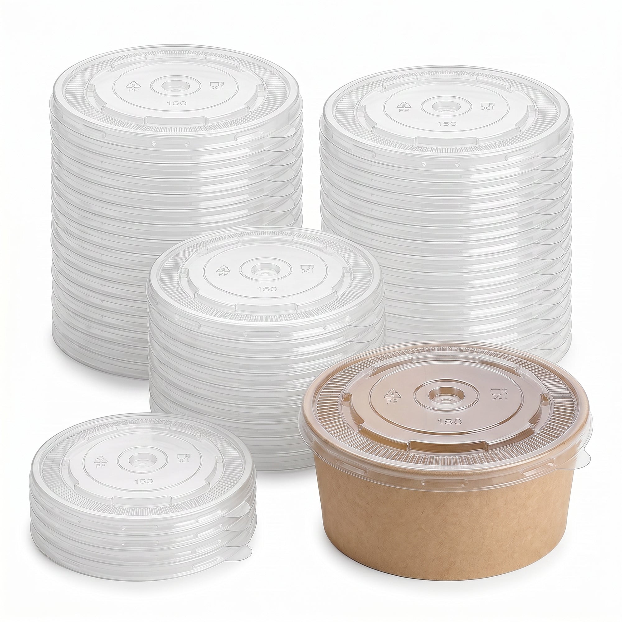 Stacks of clear plastic lids arranged neatly, with a single brown paper bowl holding one lid. The image conveys order and utility.