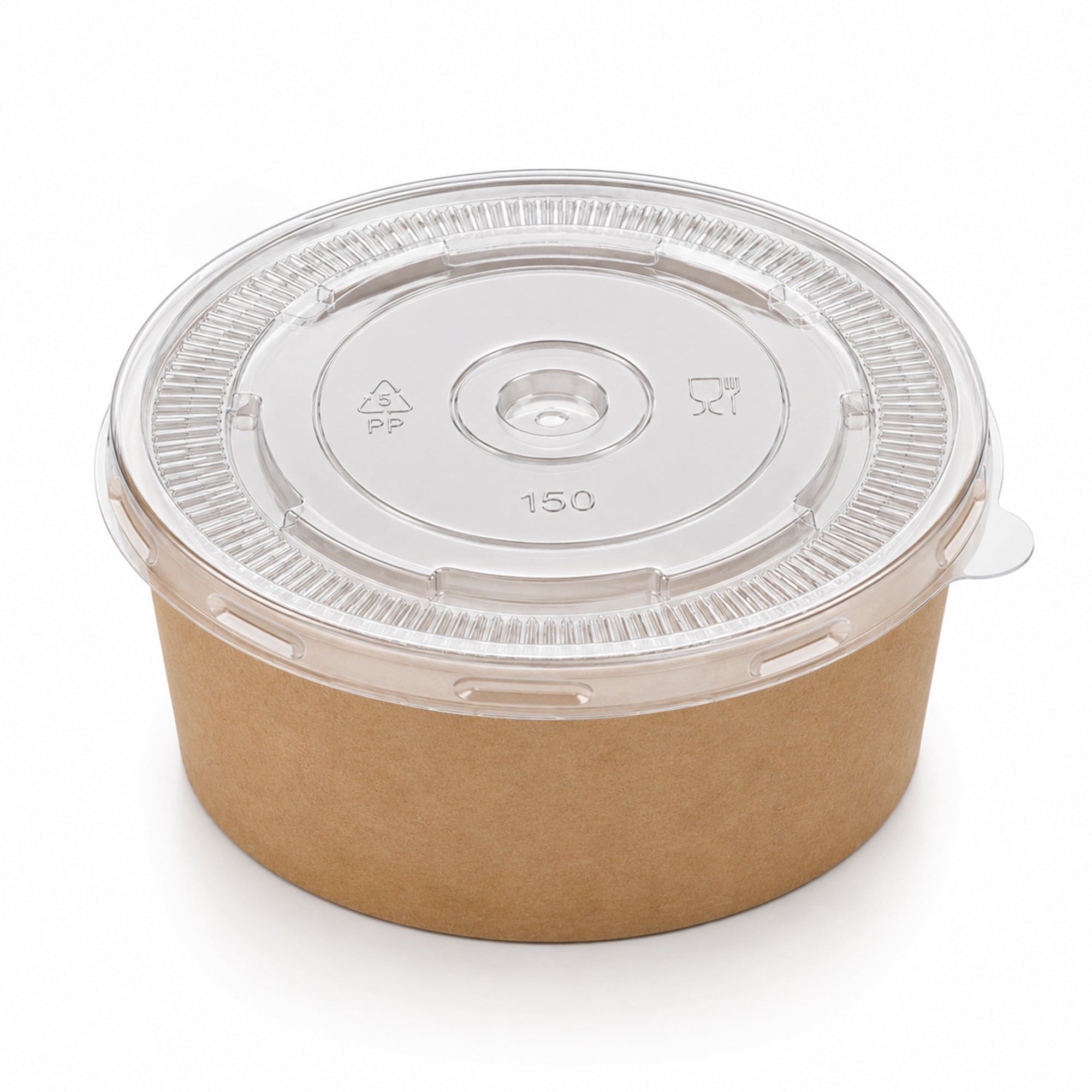 A round, eco-friendly paper food container with a transparent, ridged plastic lid. Symbols on the lid indicate it's recyclable and microwave-safe.