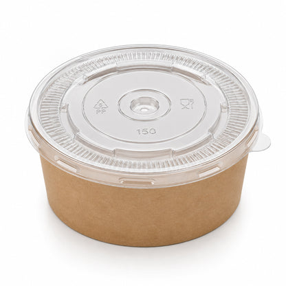 A round, eco-friendly paper food container with a transparent, ridged plastic lid. Symbols on the lid indicate it's recyclable and microwave-safe.