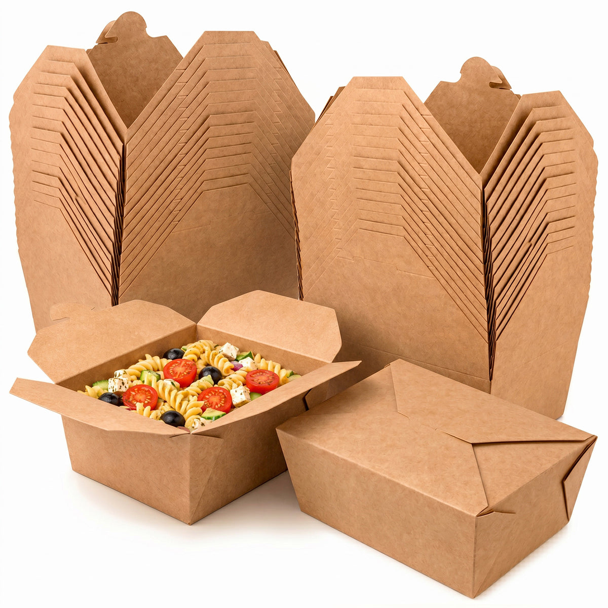 A stack of brown cardboard takeout boxes with one open, containing a colorful pasta salad with tomatoes, olives, and feta. Eco-friendly packaging theme.