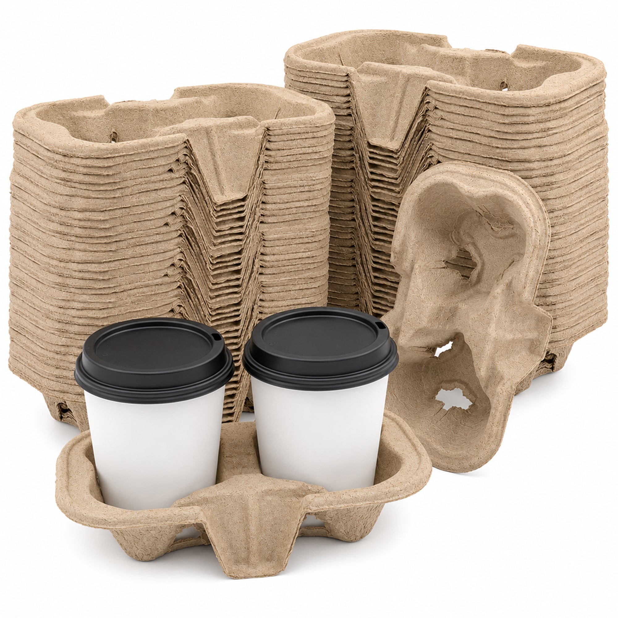 Stacks of beige cardboard drink carriers are on display, with one carrier holding four takeaway coffee cups with black lids, suggesting efficiency and sustainability.