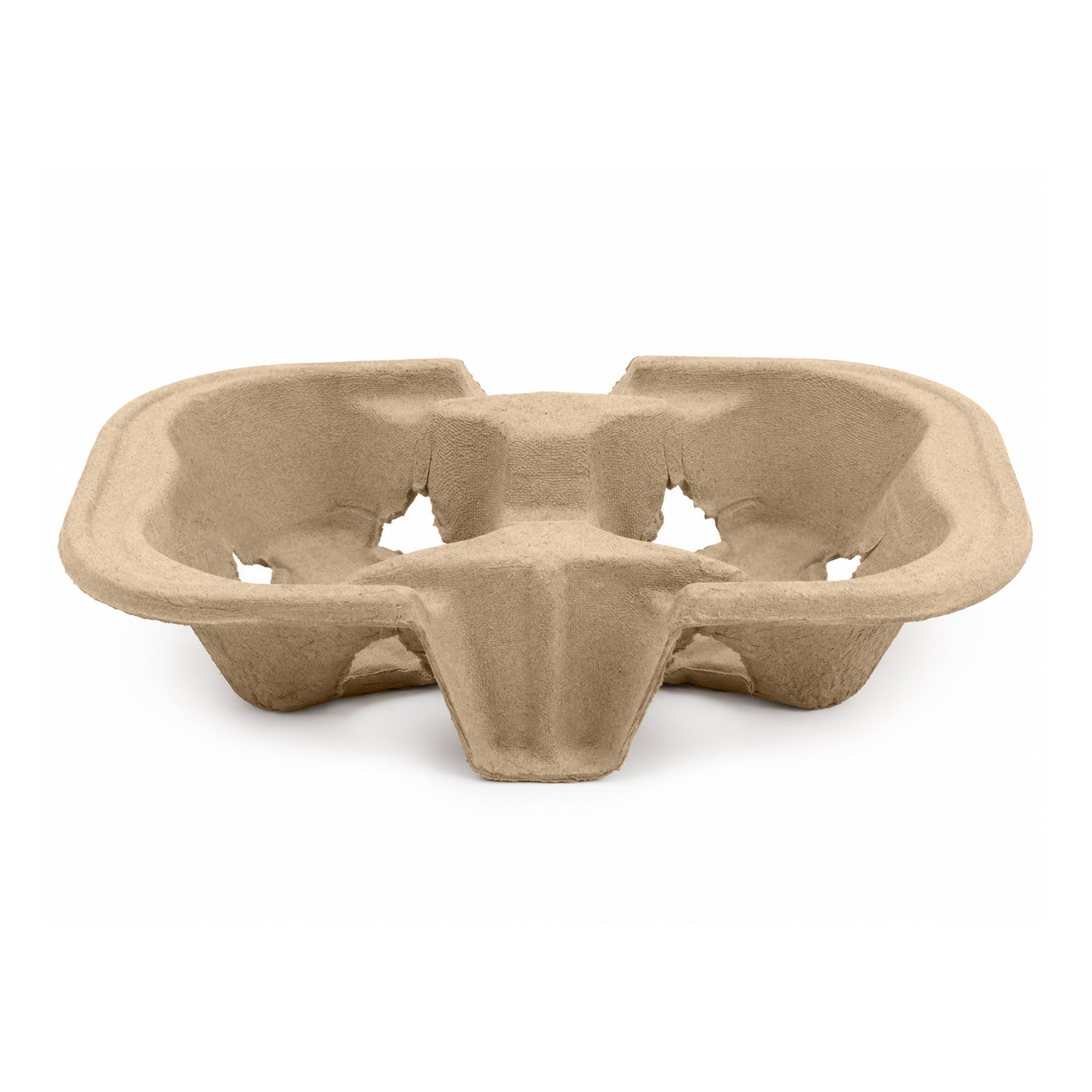 A beige, molded pulp drink carrier with four cup holders sits on a white background. The eco-friendly material suggests sustainability and practicality.