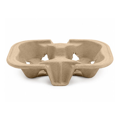 A beige, molded pulp drink carrier with four cup holders sits on a white background. The eco-friendly material suggests sustainability and practicality.