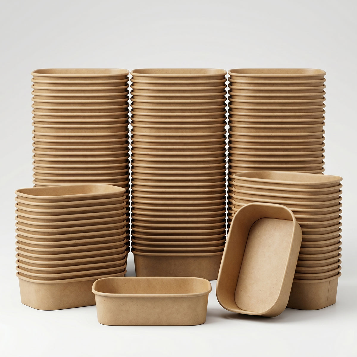 Stacks of brown, rectangular biodegradable trays are neatly arranged on a white background. One tray is tilted upright, emphasizing its depth.
