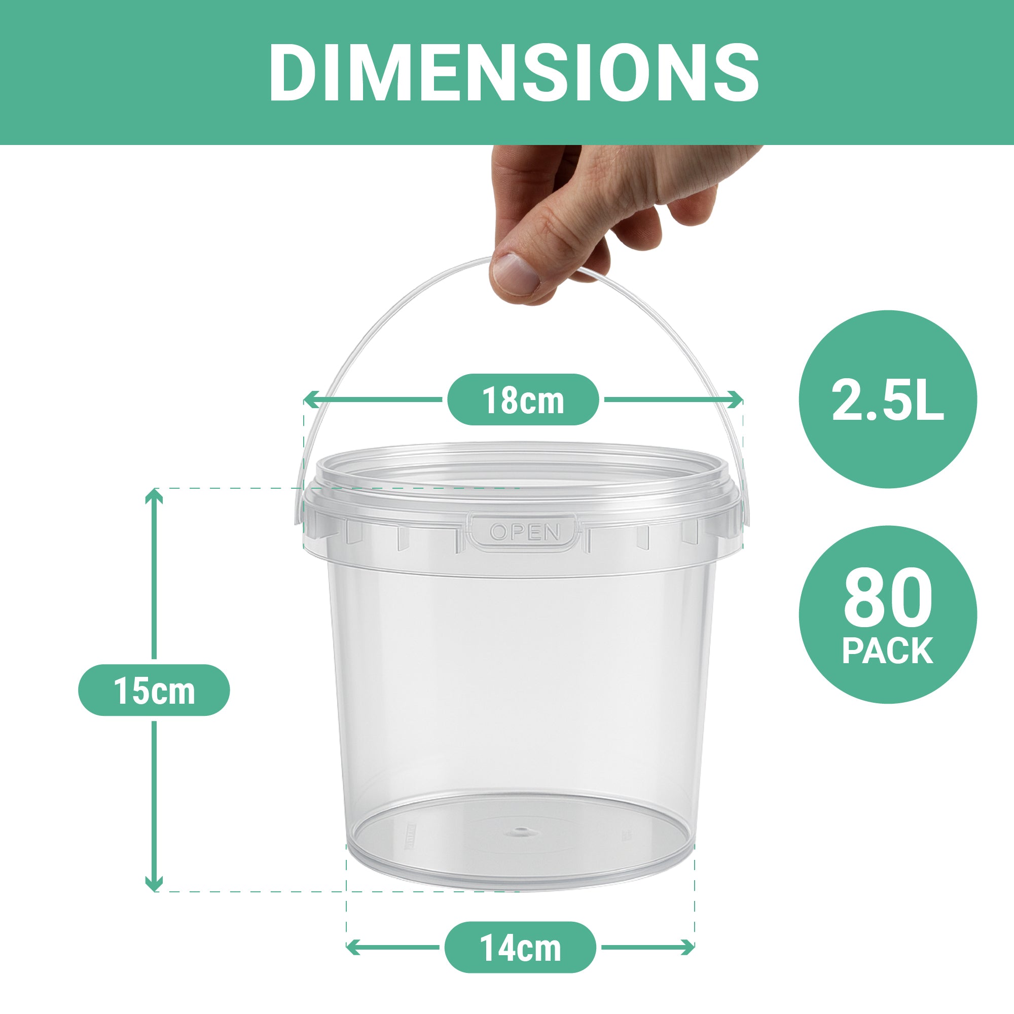 Transparent 2.5L plastic tub with handle, showing dimensions 18 cm top diameter, 14 cm base diameter, and 15 cm height. The image also indicates that it comes in an 80-pack.