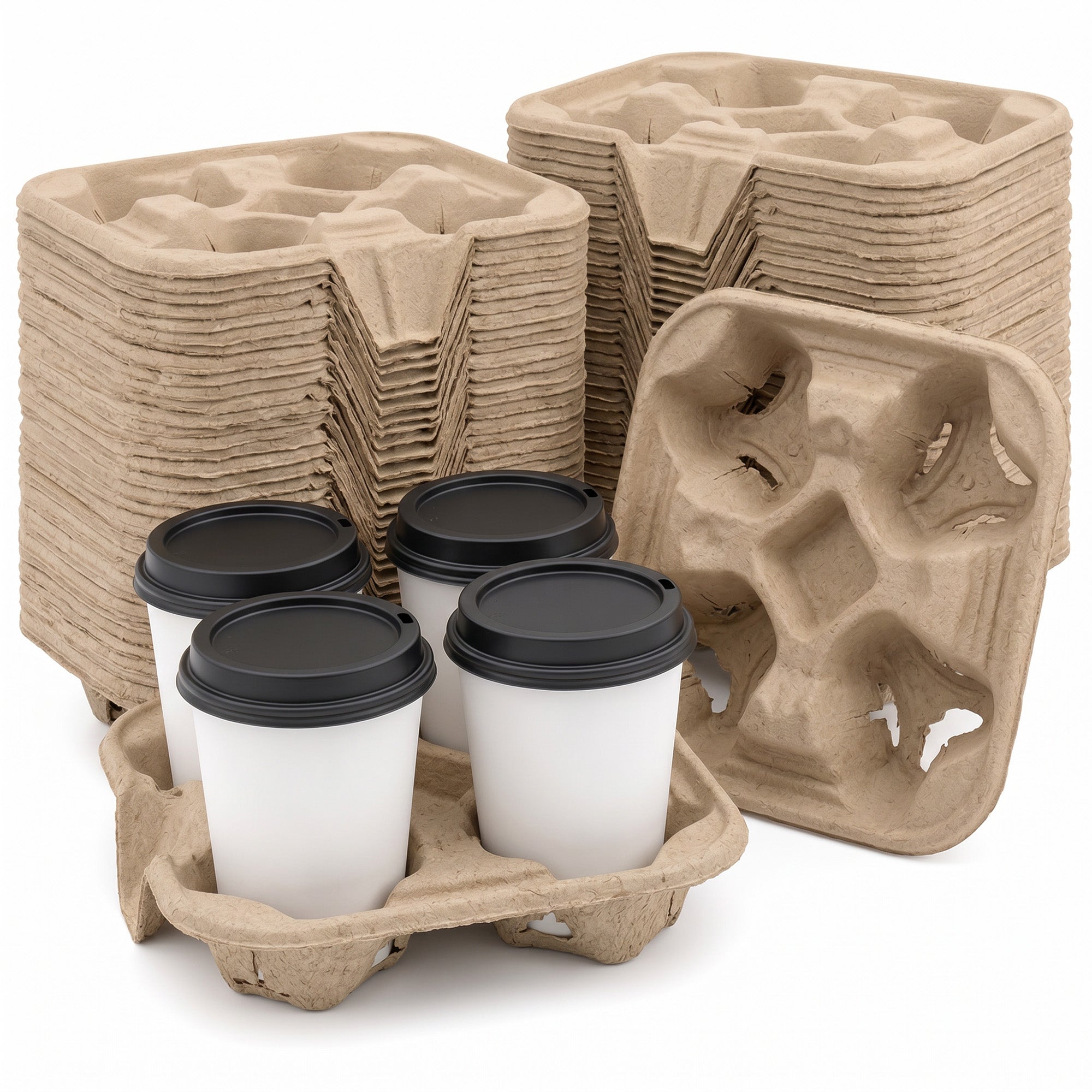 Stacks of beige cardboard drink carriers are on display, with one carrier holding four takeaway coffee cups with black lids, suggesting efficiency and sustainability.