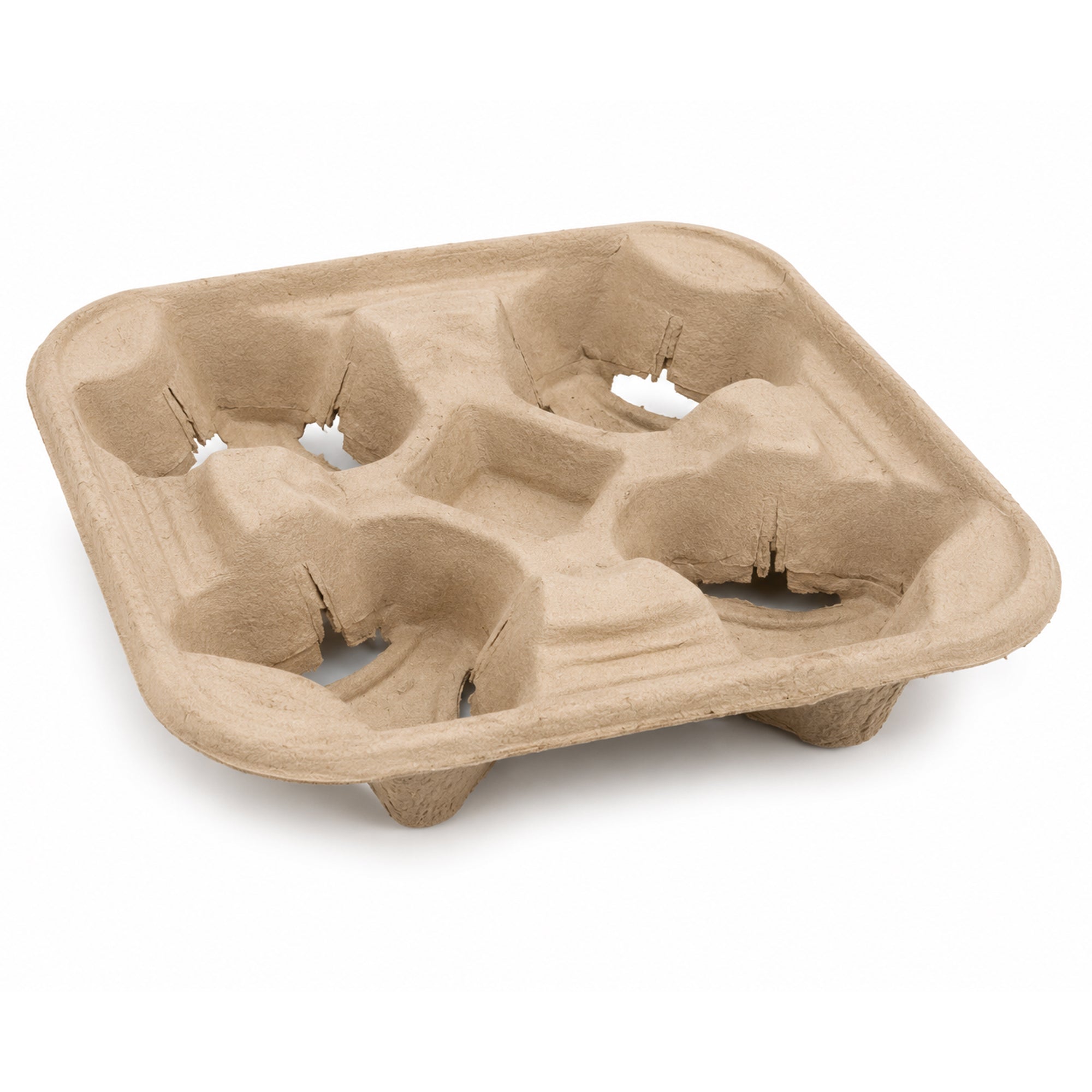 A brown, molded cardboard drink carrier with four cup holders, designed for carrying beverages. It has a practical, eco-friendly appearance.