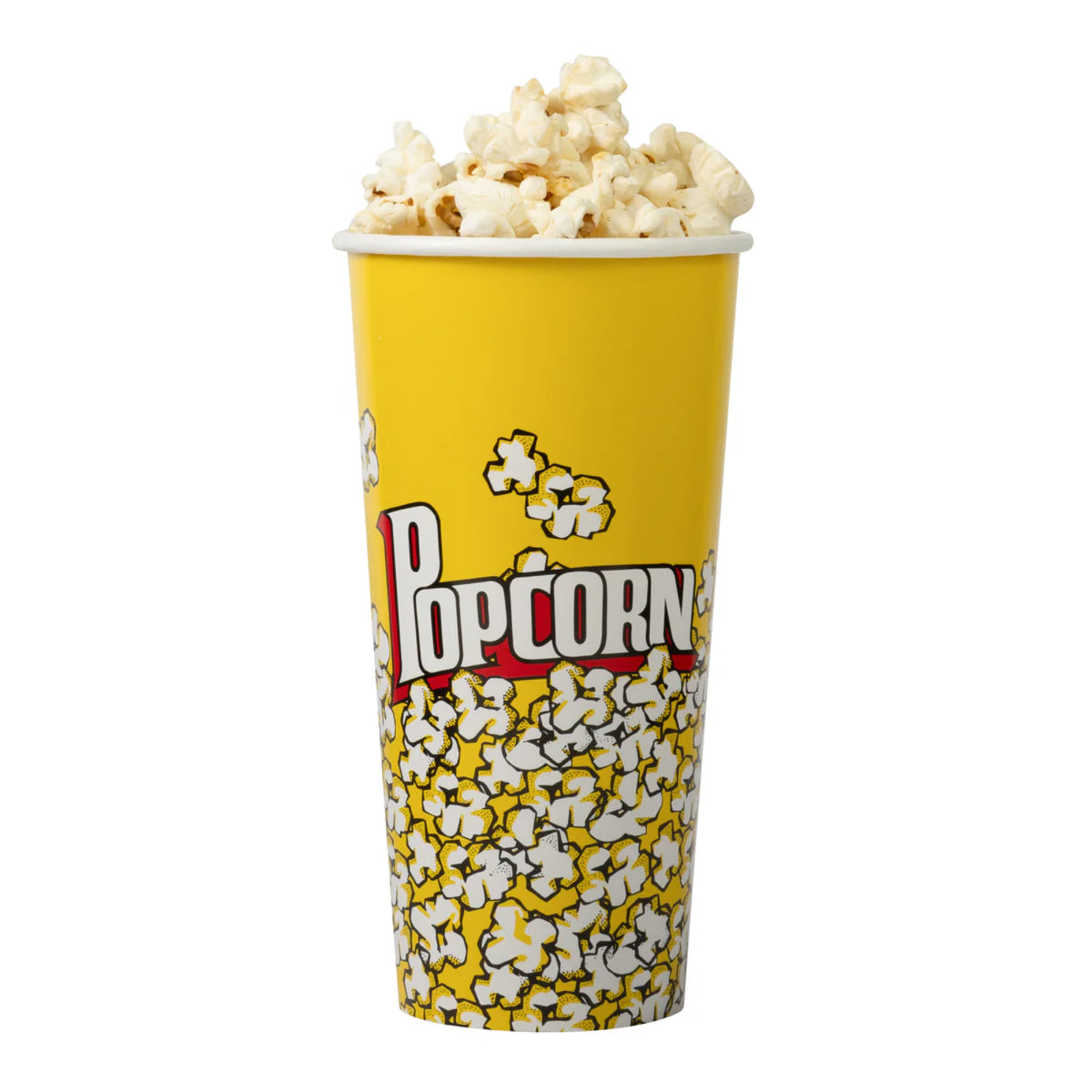 A large cup filled with popcorn, featuring a bright yellow design with the word "Popcorn" prominently displayed.