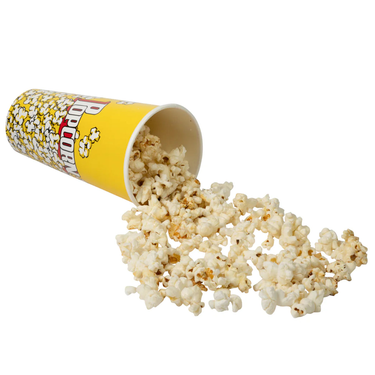 A yellow popcorn container tipped over with popcorn spilling out.