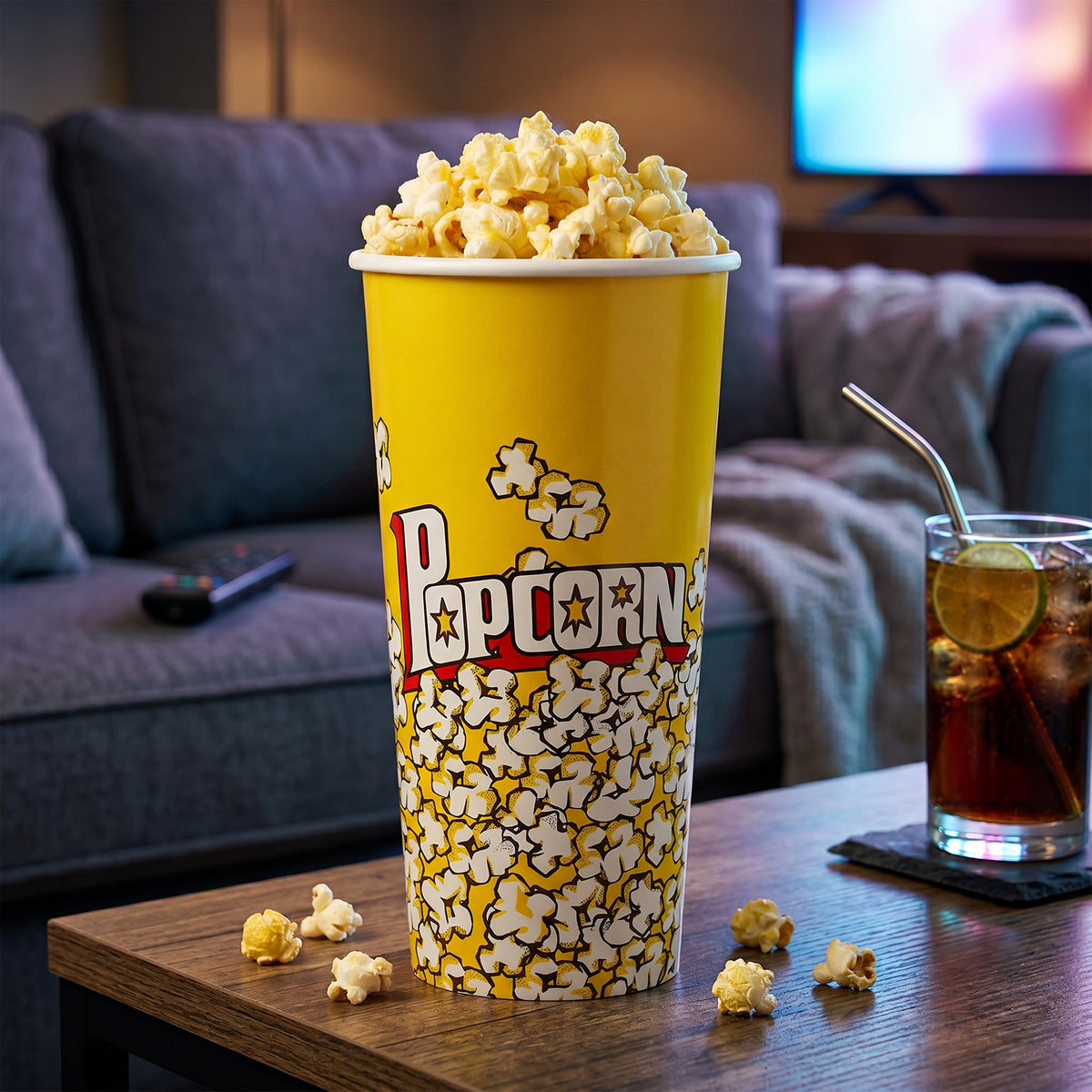A large yellow popcorn container filled with popcorn, placed on a wooden table next to a glass of soda, with a couch and TV in the background.