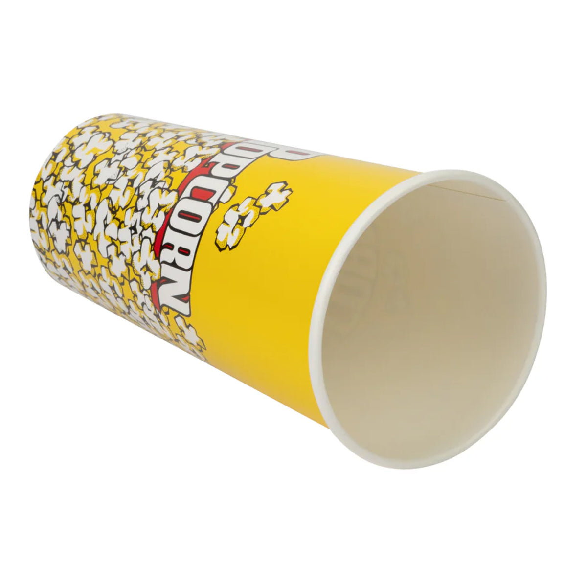 A yellow popcorn bucket with a cartoonish design featuring scattered popcorn illustrations.