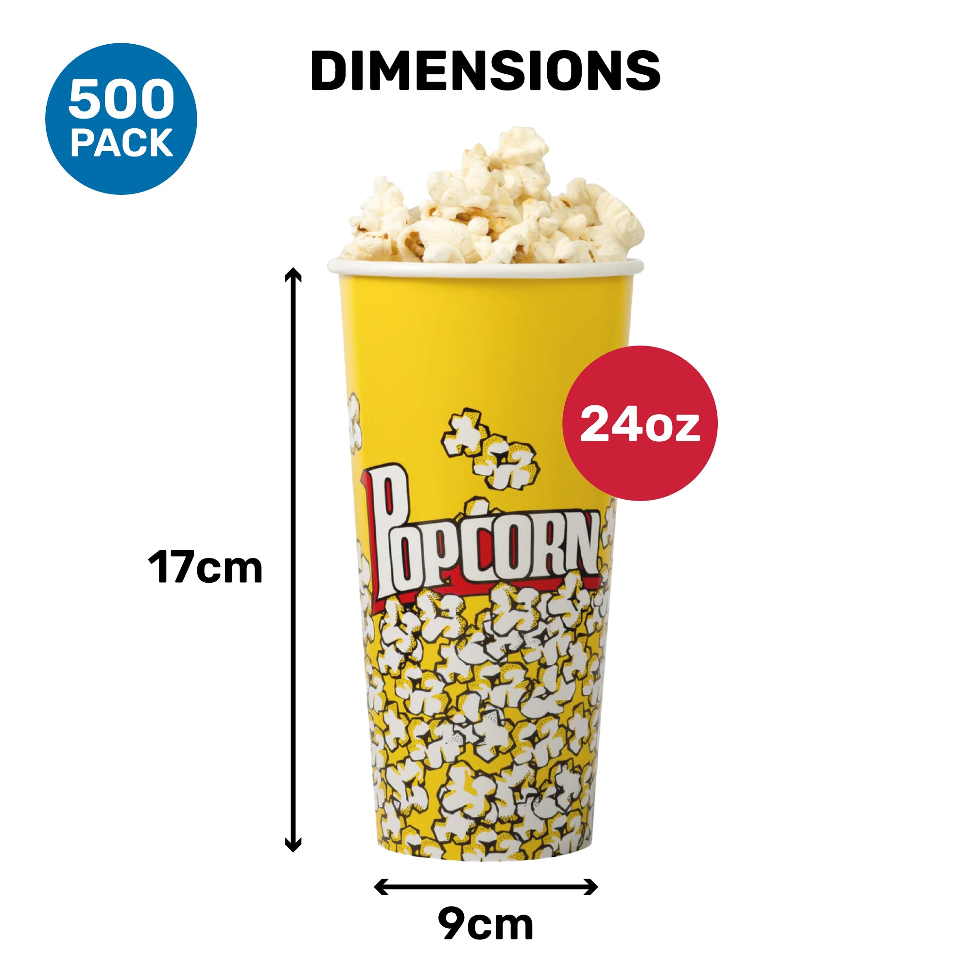 A tall yellow popcorn cup with a graphic of popcorn on it, labeled "DIMENSIONS," showing measurements of 17 cm height and 9 cm width, with a capacity of 24 oz.