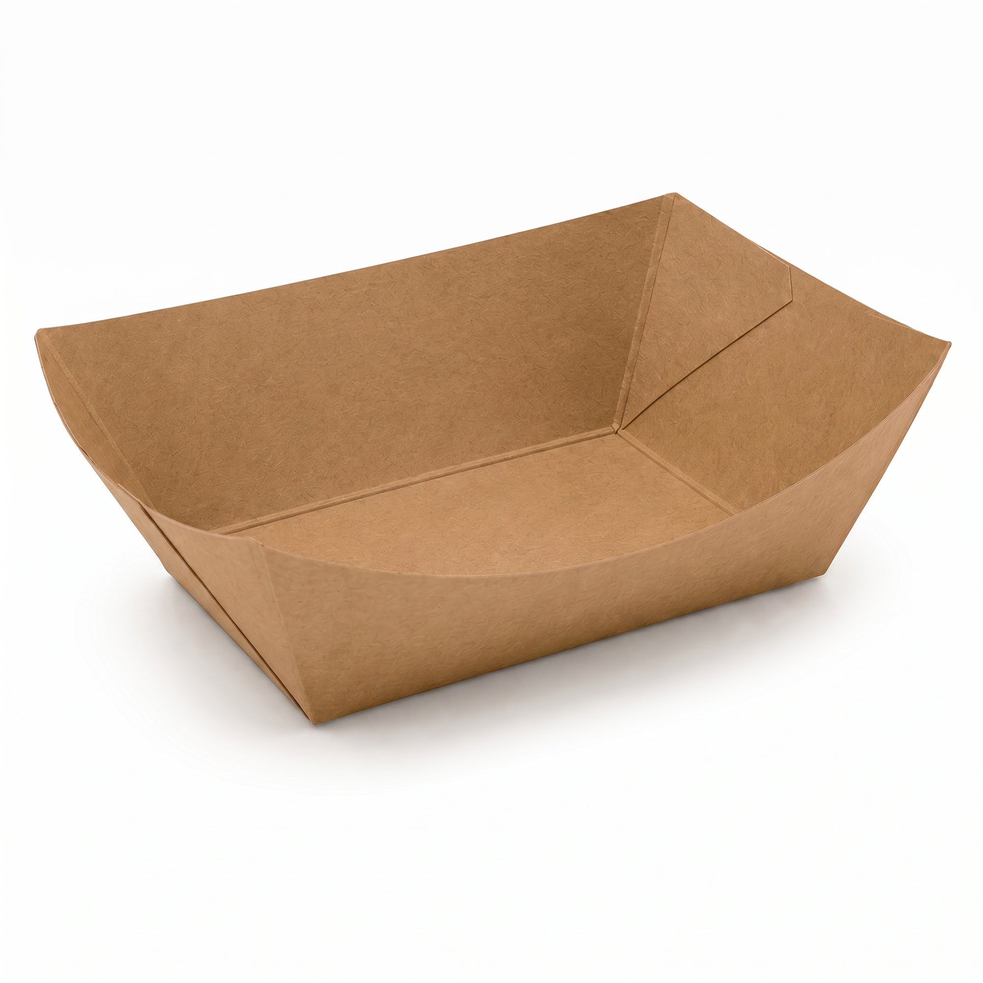 Brown paper food tray on a white background. The rectangular, open-topped container has angled sides, offering a simple, eco-friendly appearance.